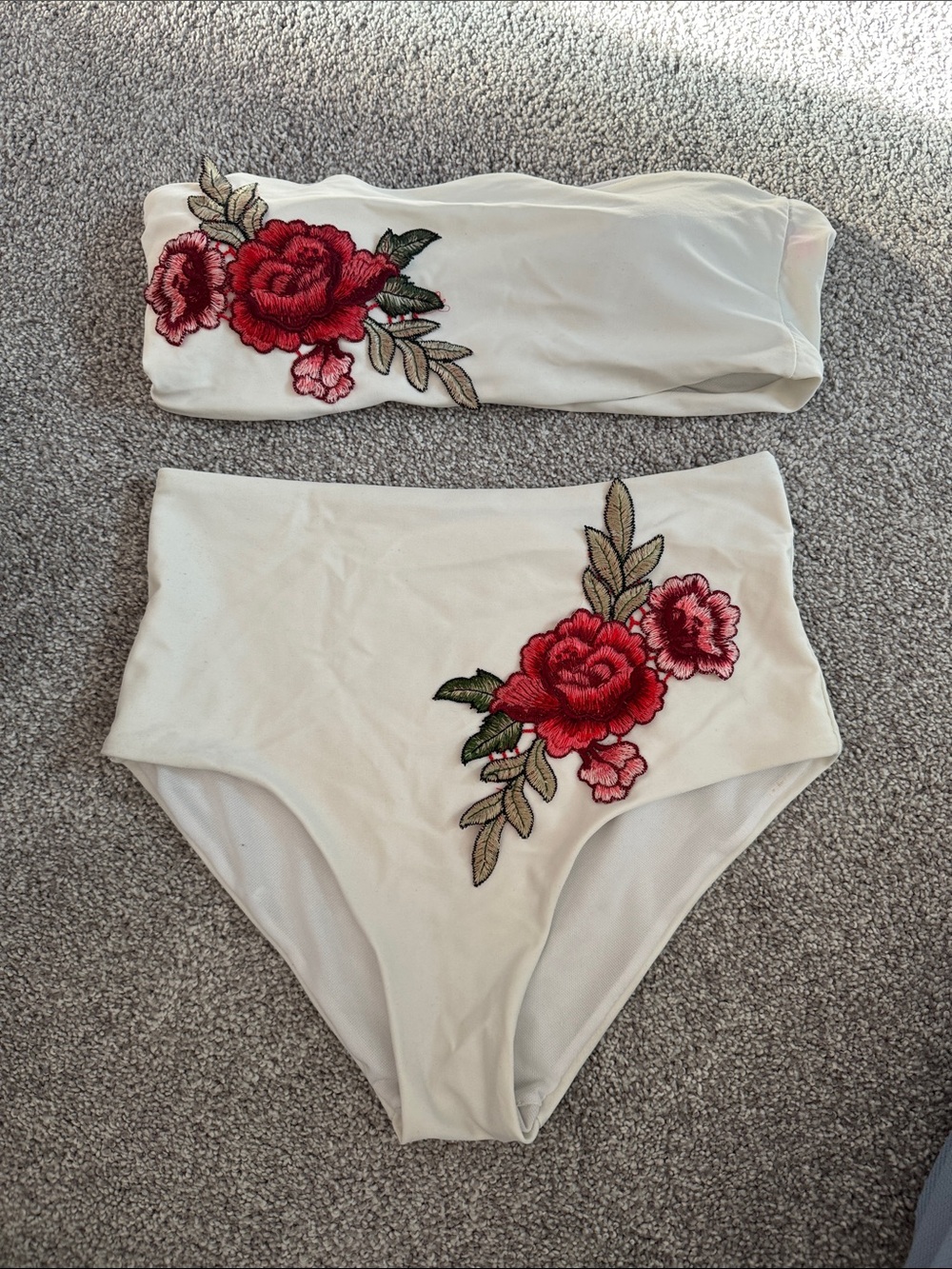 Floral Appliqué White Bandeau Bikini Set